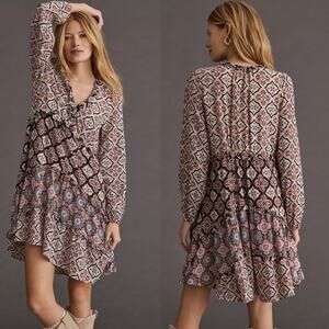 Anthropologie Boho Tile-Print Mini Dress in Brown and Cream